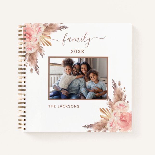 Family photo pampas grass pink florals name notebook (Front)