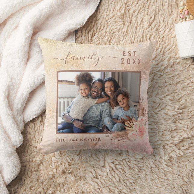 Family photo pampas grass rose gold pink florals cushion (Blanket)