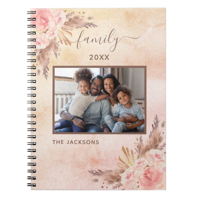 Family photo pampas grass rose gold pink florals notebook (Front)