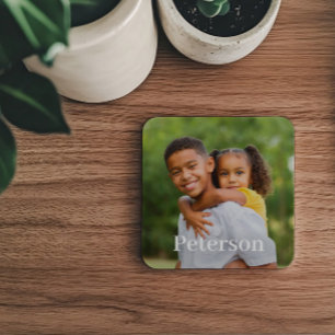 Family Photo Personalised Last Name Monogram Coaster