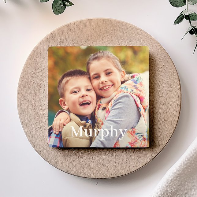 Family Photo Personalised Last Name Monogram Stone Coaster (Creator Uploaded)