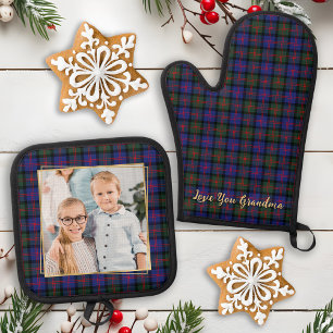 Family Photo Personalised Trendy Christmas Plaid Oven Mitt & Pot Holder Set