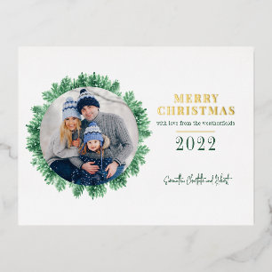 Family Photo Pine Christmas Modern Foil Holiday Postcard