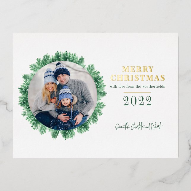 Family Photo Pine Christmas Modern Foil Holiday Postcard (Front)