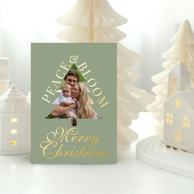 Family photo pine tree gold script green real  (Family photo pine tree gold script green real foil christmas card )