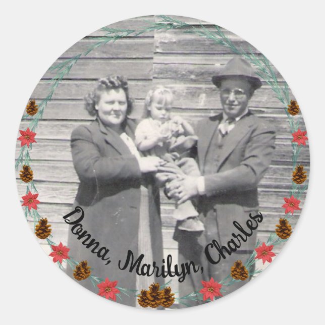 Family Photo Pinecones, Boughs, Poinsettias Border Classic Round Sticker (Front)