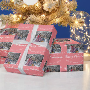 Family Photo Pink Merry Christmas Script  Wrapping Paper