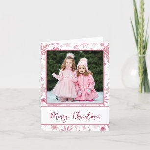 Family Photo Pink Snowflakes Christmas Greeting Holiday Card