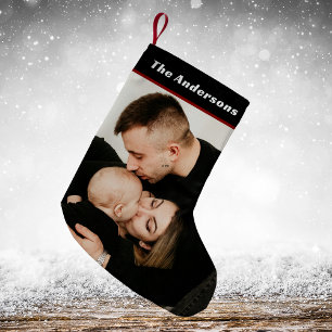 Family Photo Plaid Buffalo Check Scottish Black Small Christmas Stocking