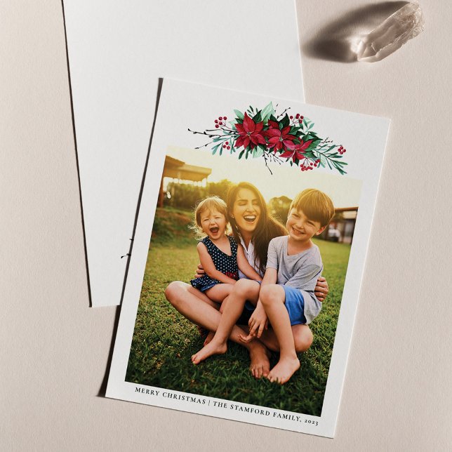 Family Photo Poinsettia Christmas Holiday Card (Floral Poinsettia Christmas Holidays Family Photo Greetings Card)