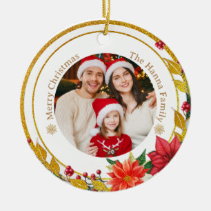 Family Photo & Poinsettia Merry Christmas Gift Ceramic Tree Decoration