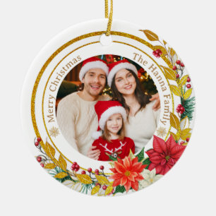 Family Photo & Poinsettia Merry Christmas Gift Ceramic Tree Decoration