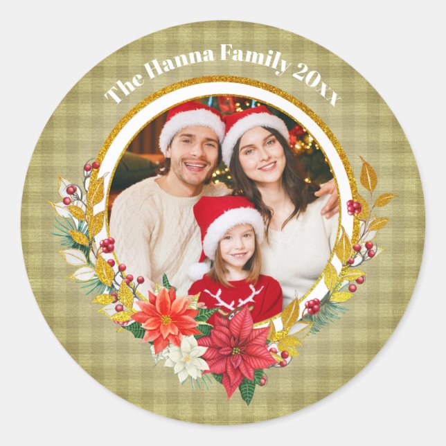 Family Photo & Poinsettia Merry Christmas Gift Classic Round Sticker (Front)