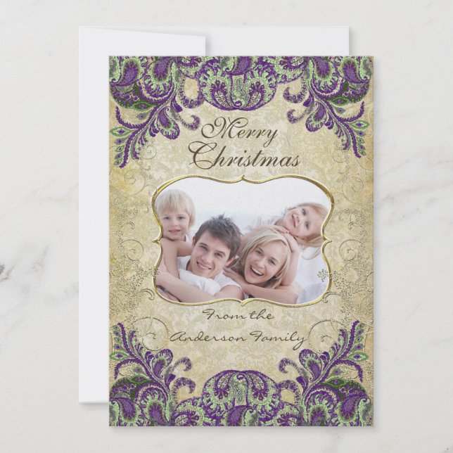 Family Photo Purple & Green Peacock Christmas Card (Front)