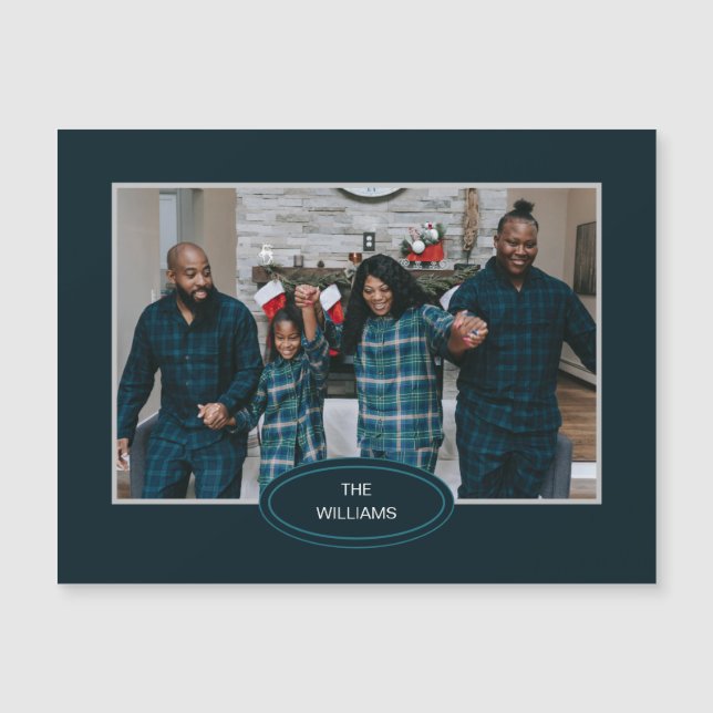 Family Photo Pyjamas Blue Magnetic Holiday Card (Front)