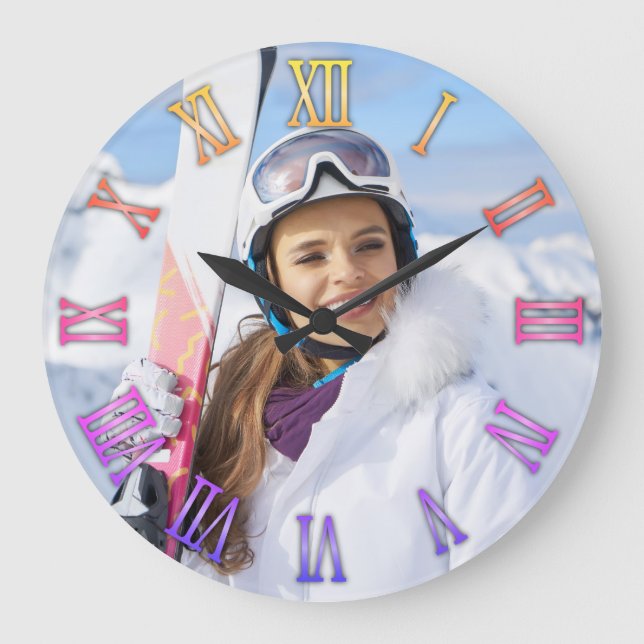 Family Photo Rainbow Gradient Roman Numerals Large Clock (Front)
