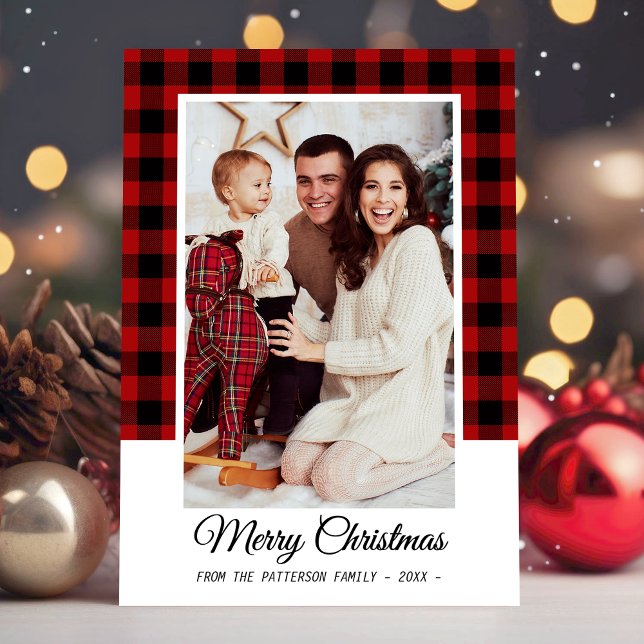 Family Photo Red Buffalo Plaid Merry Christmas Card (Available in high quality print or digital download for quick text messaging, email or self print.)