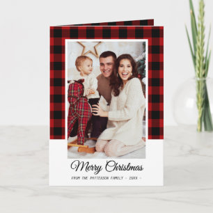 Family Photo Red Buffalo Plaid Merry Christmas Card