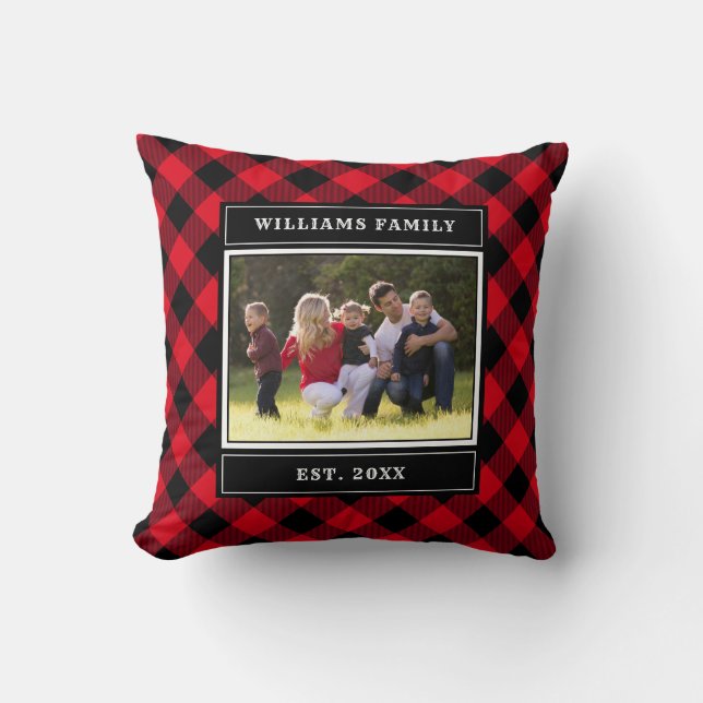 Family Photo Red Buiffalo Plaid Monogram Name Cushion (Front)