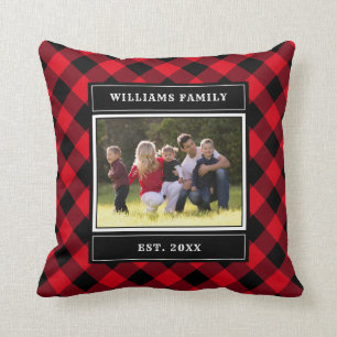 Family Photo Red Buiffalo Plaid Monogram Name Cushion