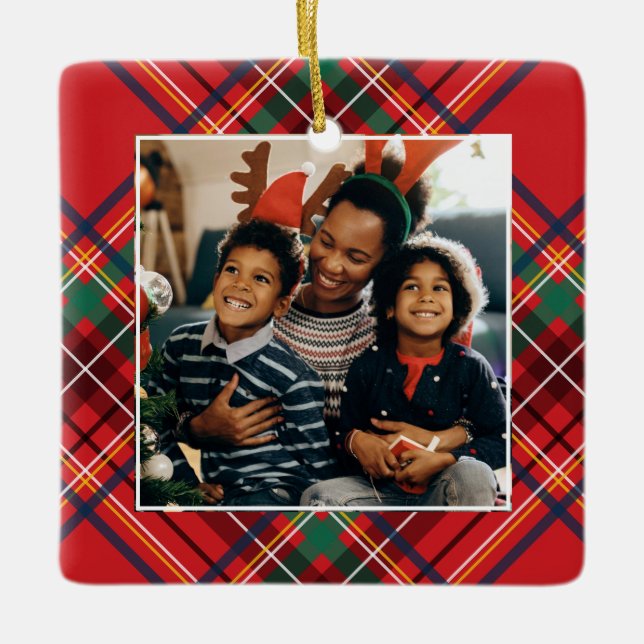 Family photo red Christmas plaid personalised Ceramic Ornament (Front)