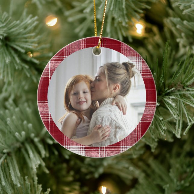 Family Photo Red Plaid Christmas Ornament (Tree)