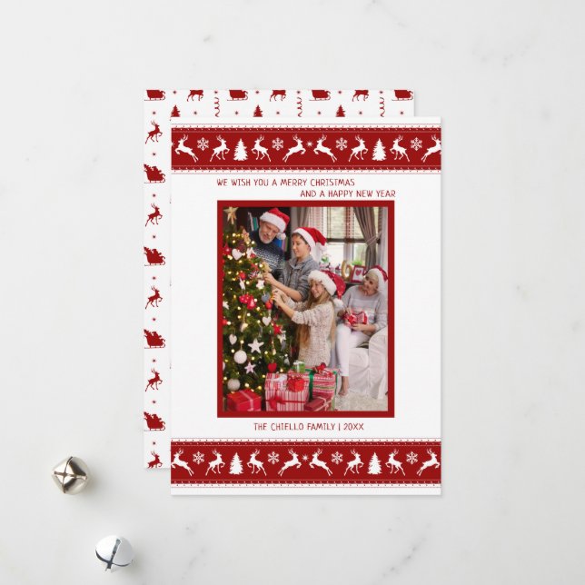 Family Photo Red White Reindeer Holiday Card (Front/Back In Situ)