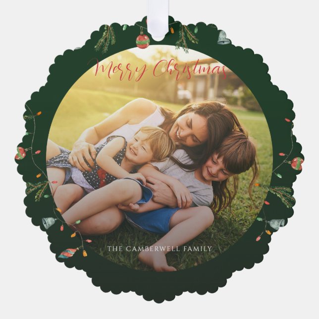 Family Photo Rustic Boho Christmas Holidays Tree Decoration Card (Front)