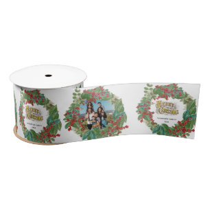 Family Photo Script Holiday Merry Christmas Card Satin Ribbon