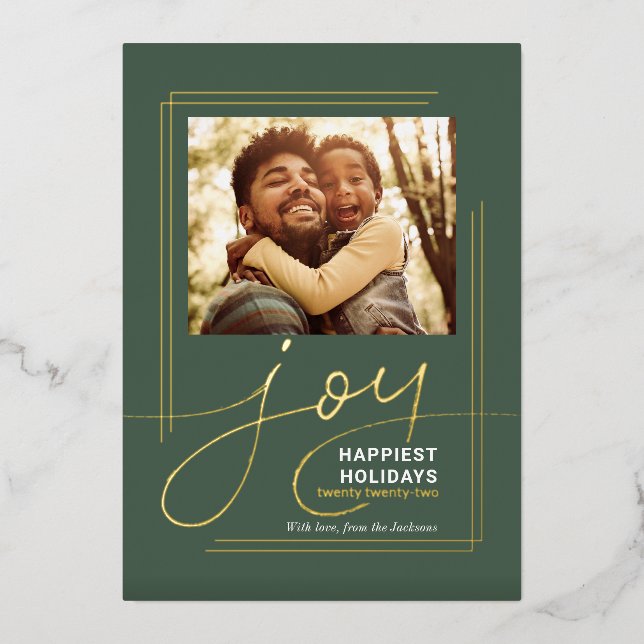 Family Photo Script Joy Christmas Foil Holiday Card (Front)