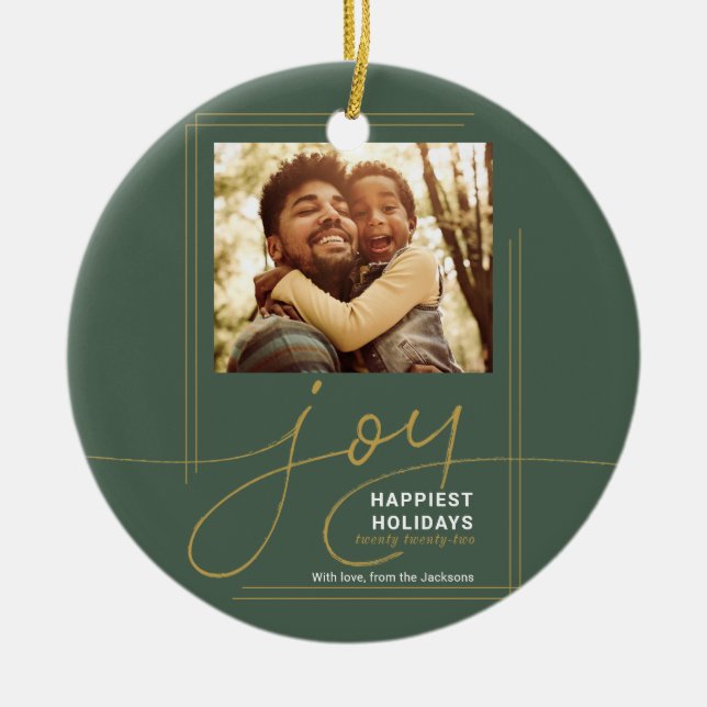 Family Photo Script Joy Christmas Holiday Ceramic Tree Decoration (Front)