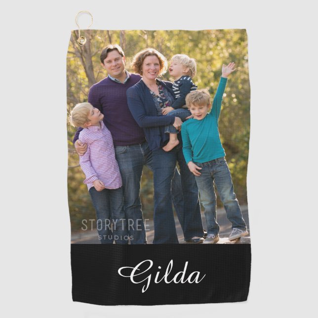 Family Photo Script Monogrammed Name Golf Towel (Front)