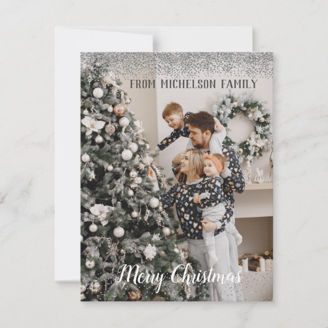 Family Photo Silver Glitter Christmas Card  (Front)