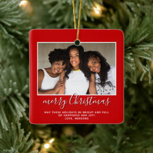 Family Photo Simple Minimalist Script Christmas  Ceramic Ornament