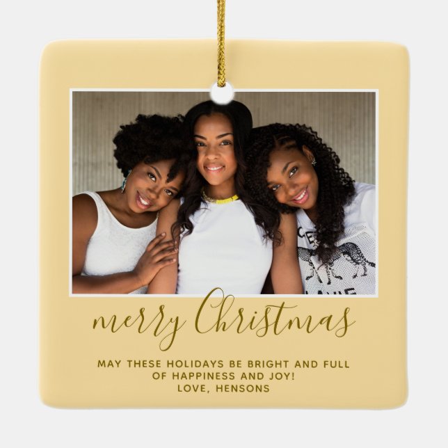 Family Photo Simple Minimalist Script Christmas  Ceramic Ornament (Back)