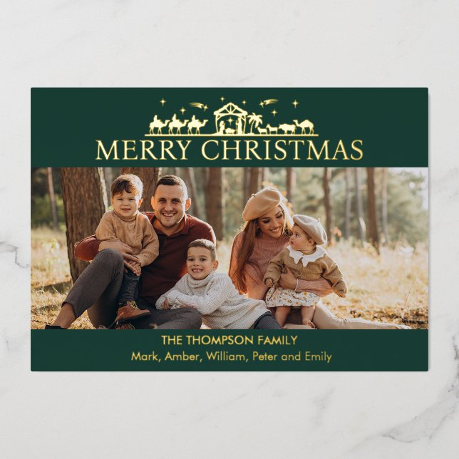 Family Photo Simple Nativity Religious Christmas Foil Holiday Card (Front)
