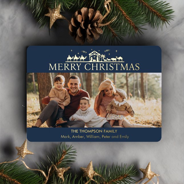 Family Photo Simple Nativity Religious Christmas Foil Holiday Card (Creator Uploaded)