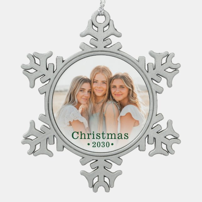 Family Photo  Snowflake Pewter Christmas Ornament (Front)