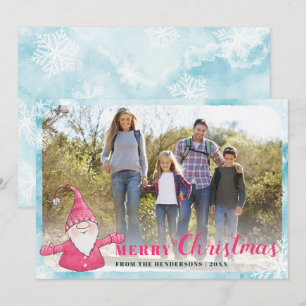 Family Photo Teal Blue Pink Cute Gnome Christmas Holiday Card
