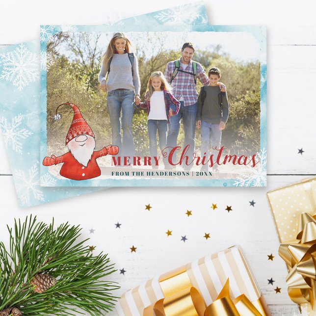Family Photo Teal Blue Red Cute Gnome Christmas Holiday Card (Creator Uploaded)