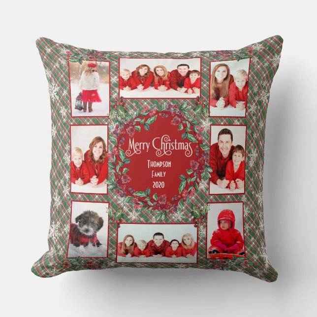 Family Photo Template Christmas Red + Green Plaid Cushion (Front)