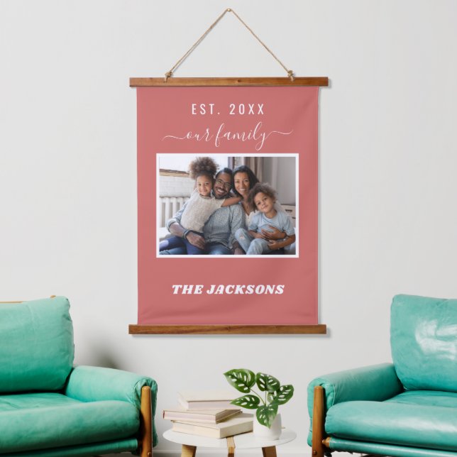 Family photo terracotta earth name script hanging tapestry (Living Room)