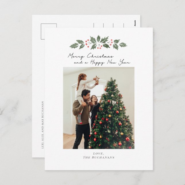 Family Photo Tree Merry Christmas Berries Holiday Postcard (Front/Back)