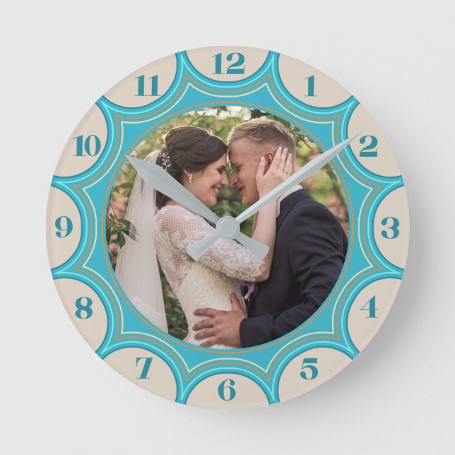 Family Photo Tropical Beach Sunburst Personalised Round Clock (Front)
