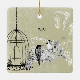 Family Photo Vintage Birds & Bird Cage on Damask Ceramic Ornament