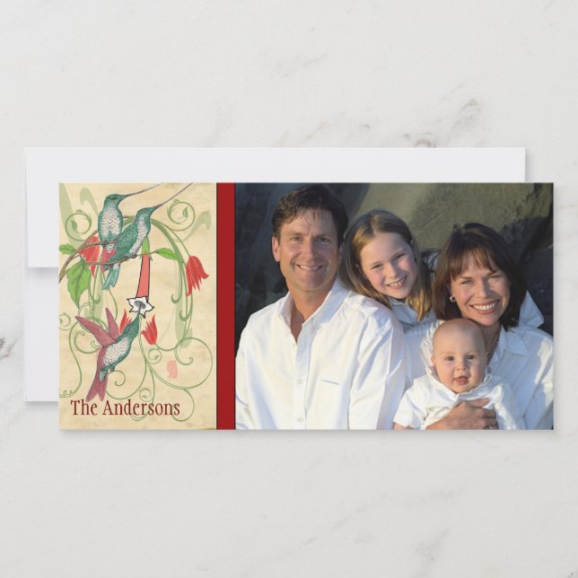 Family Photo Vintage Hummingbird Happy Holiday Card (Front)
