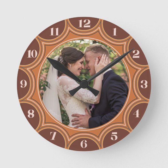 Family Photo Western Orange Sunburst Personalised Round Clock (Front)
