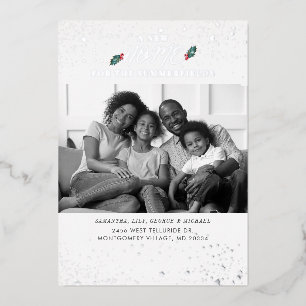 Family Photo We've Moved Christmas Moving Silver Foil Holiday Card