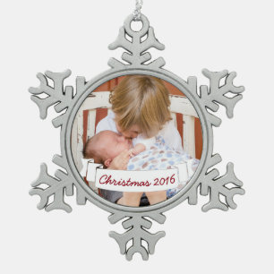 Family Photo White Ribbon Banner Red Script Snowflake Pewter Christmas Ornament