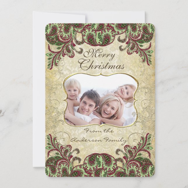 Family Photo Wine & Green Peacock Christmas Card (Front)